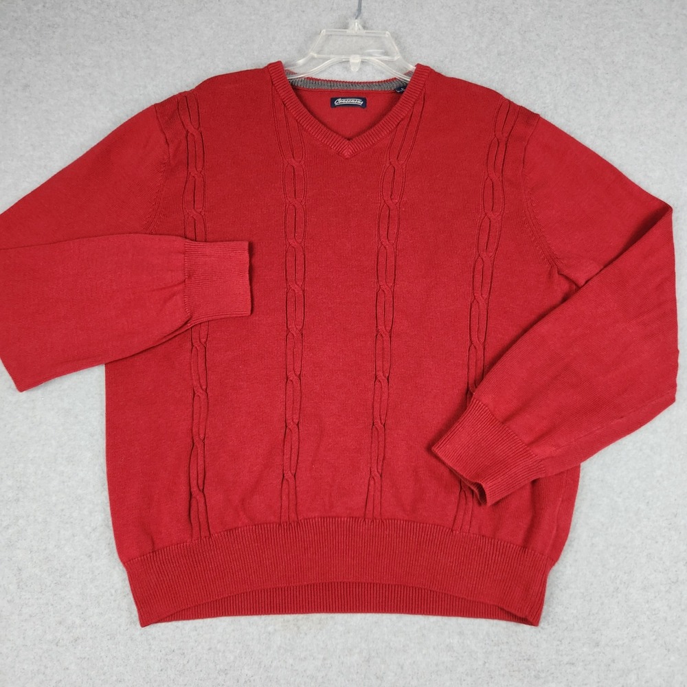 Consensus Sweater Mens Large Red Cable Knit Cotton Long Sleeve V-Neck Pullover